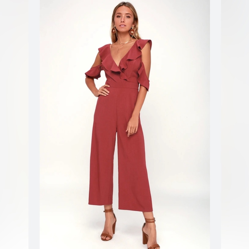 Lulus Rust Red Ruffled Wide-Leg Off-the-Shoulder Jumpsuit - Size Medium